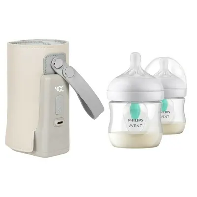Set incalzitor biberoane, Lionelo, ThermUp Go Plus, portabil, USB, Bej + 2x biberoane, Philips Avent, Cu supapa AirFree, 0 luni+, 125 ml, Alb