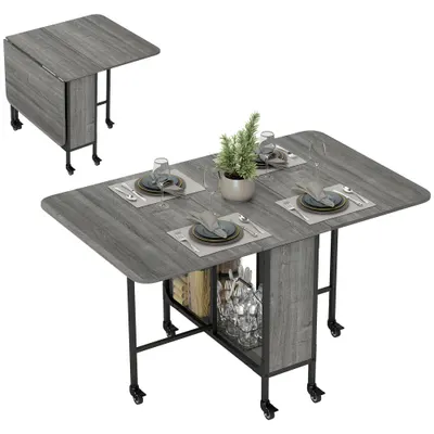 HOMCOM Masă Pliabilă, Rabatabilă pentru 4-6 Persoane cu Raft și 6 Roți, din Lemn și Metal, 130x80x74 cm, Gri | Aosom Romania