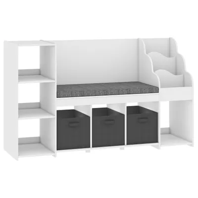AIYAPLAY Raft Depozitare Jucării Copii 3-8 Ani cu Bibliotecă pe 3 Niveluri, 3 Sertare, 4 Compartimente, Pernă, Alb | Aosom Romania