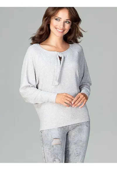 Bluza dama gri - tricotata - maneci lungi - decolteu cu papion - material viscoza