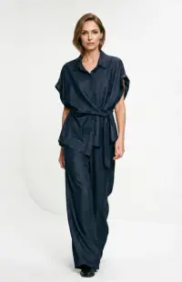 Compleu dama , camasa si pantaloni, croi lejer, elegant casual, din tencel, albastru jeans inchis