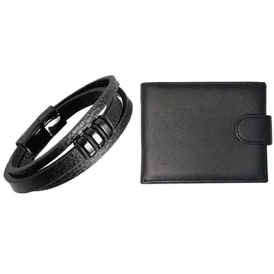 Set Portofel si Bratara Tripla, Piele Naturala, Model Grande cu Capsa, Barbati, Negru Engros