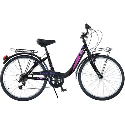 Bicicleta Dino Bikes City Summertime negru 24 inch de la 9 ani, inaltimea 135-145 cm, frana de mana pe roata fataspate, avertizor luminos, dispune de transmisie Shimano cu 6 viteze, portbagaj fataspate