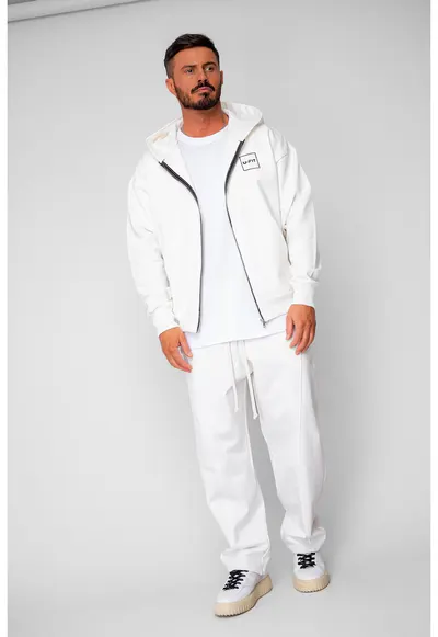 Set Oversized Hanorac cu fermoar si pantalon Balloon fit din 100% Bumbac - 400gr/mp Premium Edition - Alb