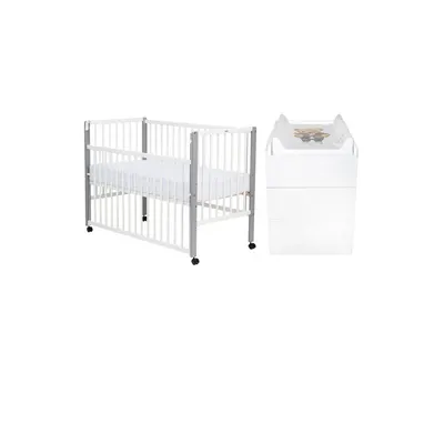Set mobilier pentru copii, Qmini: Patut din lemn de pin cu roti, cu laterala culisanta si somiera reglabila in 3 trepte, Maya, 120x60 cm + Saltea cocos-burete-cocos, 10 cm + Comoda cu masuta de infasat, Alb