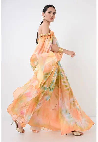Rochie lunga din matase cu decolteu pe un umar Luna - Multicolor