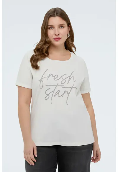 Tricou din amestec de bumbac cu decolteu la baza gatului - Alb/Argintiu