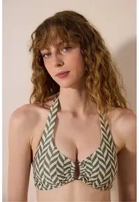 Sutien de baie cu model herringbone - Verde inchis/Bej