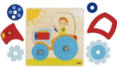 Puzzle din lemn cu manere Goki - Tractor