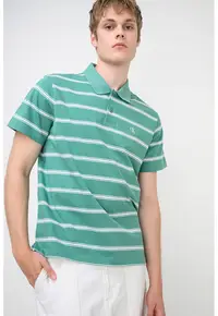 Tricou polo cu detaliu monograma si dungi - Alb/Verde