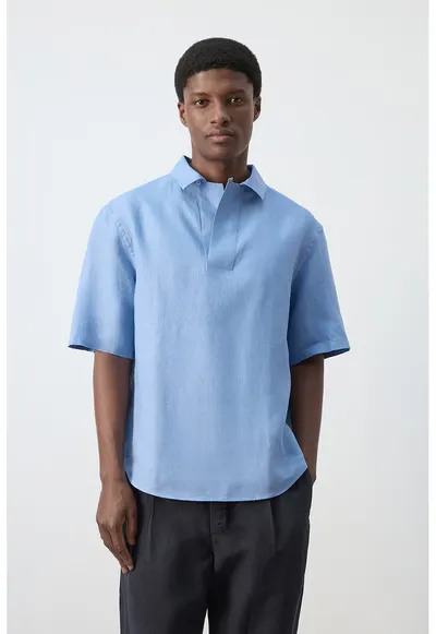 Bluza din in cu guler clasic - Albastru lavanda