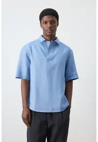 Bluza din in cu guler clasic - Albastru lavanda