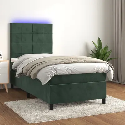 Gossi pat cu arcuri, saltea si led, verde inchis, 100x200 cm, catifea