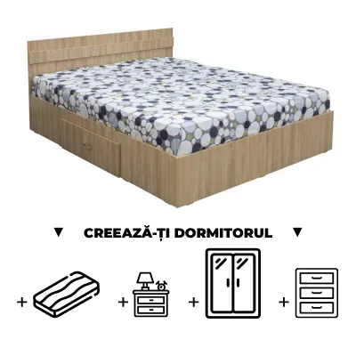 Creeaza-ti Dormitorul ALMA, sonoma deschis, de la Pat cu sertar Alma 160x200 cm, adauga Saltea, Noptiere, Comoda, Dulap