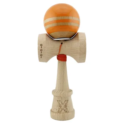Jucarie de indemanare din lemn, Kendama X, Flippy, Rainbow, King Size V3, Super Sticky, 18 cm, Portocaliu, Maro