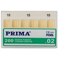 Conuri din Hartie Absorbanta .02 Taper, Nr.15, pentru Uscarea Canalelor Radiculare, Prima, 200 Bucati