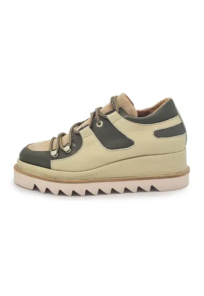 Pantofi casual de piele cu insertii de piele intoarsa Monet - Verde padure/Bej