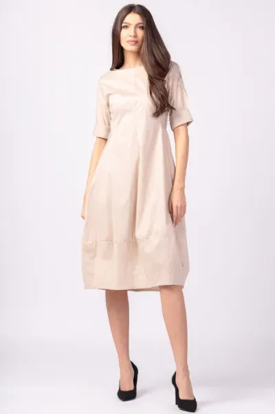 Rochie bej, lalea, cambrata, cu fermoar, din poplin de bumbac