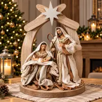 Statuetă Nașterea Domnului Premium din Rășină, 26 × 14 × 36 cm, Sfânta Familie cu Pruncul Iisus, Design Crem-Bej