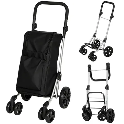 HOMCOM Trolley de cumpărături, geantă de 46 litri, cărucior pliabil cu buzunar frigorific, mâner reglabil, cadru din aluminiu, Negru | Aosom Romania