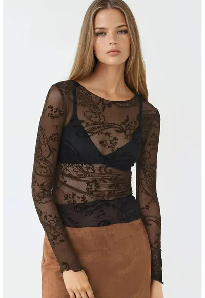 Bluza dama mulata - cu maneca lunga - imprimeu - negru - poliester-elastan