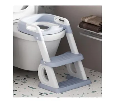 Reductor de toaleta Little Mom Blue pentru copii, pliabil, multifunctional, cu manere si suport de picioare, inaltime ajustabila 38 - 45 cm, dimensiune 40.6 x 49.2 x 27.1 cm