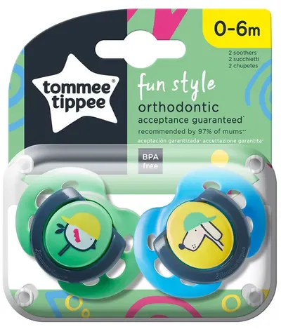 Suzete Tommee Tippee - Fun Style, 0-6 m, pasăre/câine, 2 buc.