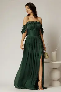 Rochie lunga verde intens de ocazie din voal peliculizat cu bust tip corset
