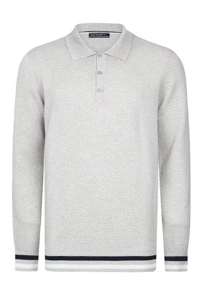 Pulover polo cu accente in dungi - Albastru ultramarin/Alb optic/Gri deschis melange