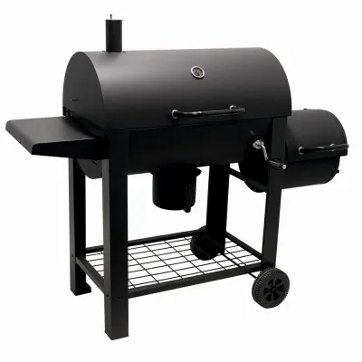 Gratar pe carbuni cu afumatoare KLUGMEISTER KY23020G, material otel, cu capac si roti de deplasare, suprafata gatire 66x42 cm