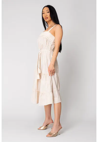 Rochie Lunga cu bretele si broderie Beige 16510 - Bej