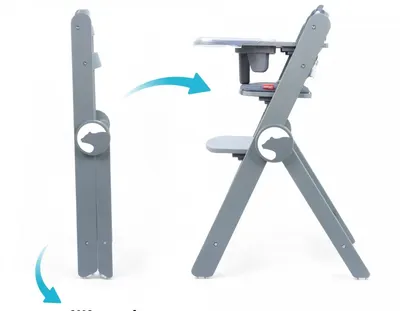 Scaun de masa pentru copii, Kidnort Drommer Unique Grey, pliabil, structura din lemn, cu 9 configuratii de inaltime, centura de siguranta in 5 puncte, pana la 75 kg, dimensiune 59 x 46 x 79.5 cm, perna de sezut inclusa
