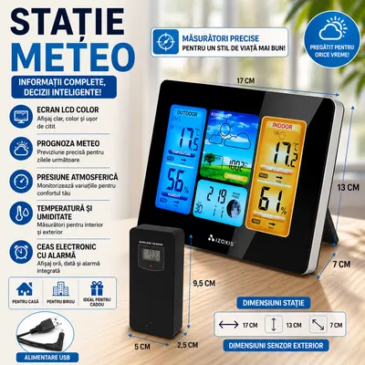 Set Statie meteo fara fir si Transmitator exterior, Ecran mare LCD color, Prognoza meteo, Presiune atmosferica, Temperatura si umiditate interior si exterior, Calendar perpetuu, Ceas electronic cu alarma, Alimentare la retea si baterii