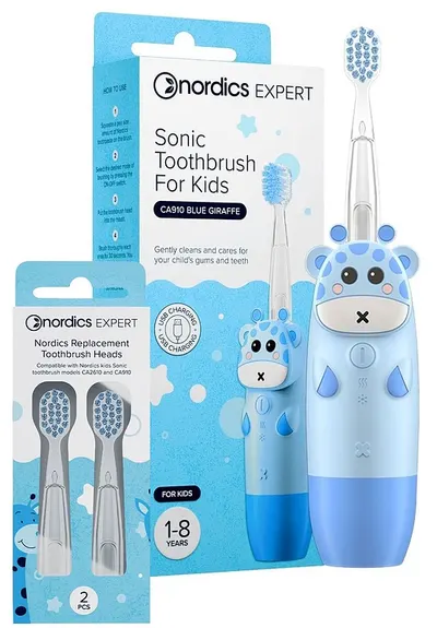 Nordics Set - Periuță de dinți sonică pentru copii Girafă, albastră + Capete de rezervă, albastre, 2 bucăți