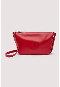 Geanta crossbody din piele cu aplicatie monograma - Rosu cireasa