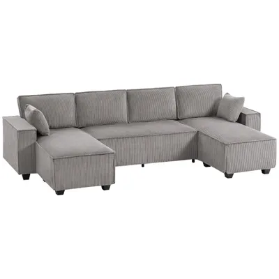 HOMCOM Colțar cu două chaise-longue, canapea în formă de U din material cord cu șezut lat și adânc, perne cu arc, Gri deschis | Aosom Romania