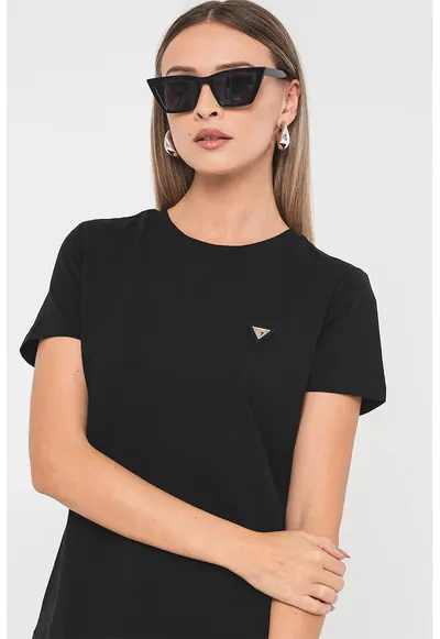 Tricou cu decolteu la baza gatului si aplicatie logo discreta - Negru