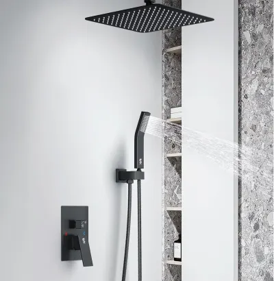 Set de dus incastrat cu para patrata de 25 cm, negru mat sau gri, cu 2 functii de curgere a apei