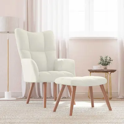 vidaXL Scaun de relaxare cu taburet, alb crem, catifea