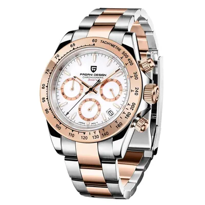 Ceas Bărbați Pagani Design PD-1644 Alb Bicolor, Chronograph VK63, 40mm, Sticlă Safir, Argintiu Rose Gold Elegant