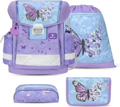Set școlar Belmil - Purple Blue Butterfly, rucsac, două penare și sac