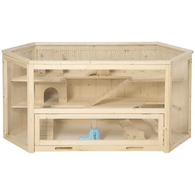 PawHut Cusca Hamsteri din Lemn cu 3 Nivele, Acoperiș Deschidere Ușoară, 115x60x55 cm, Spațiu Generos, Maro | Aosom Romania