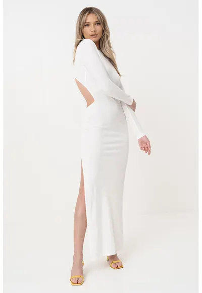 Rochie maxi cambrata cu slit lateral si decupaj pe spate - Alb murdar