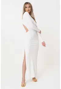 Rochie maxi cambrata cu slit lateral si decupaj pe spate - Alb murdar