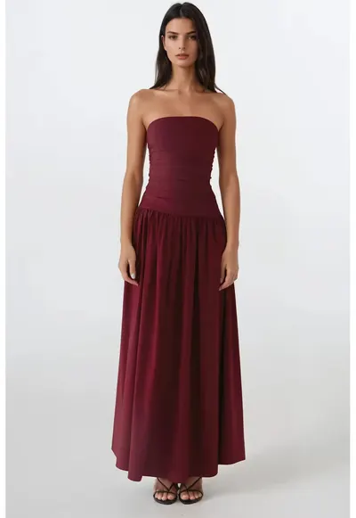 Rochie maxi fara bretele - volan - rosu - textil