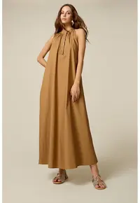 Rochie din bumbac cu detaliu bijuterie - Maro camel