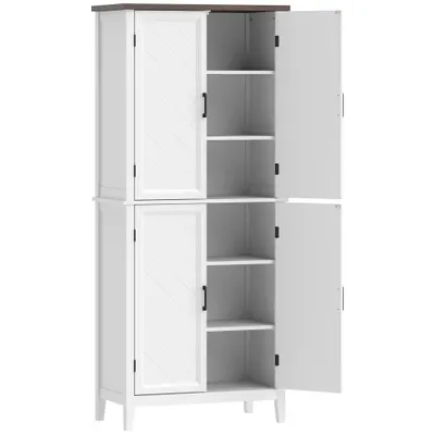 HOMCOM Bufet înalt bucătărie 6 nivele, dulap de bucătărie, 4 uși cu model chevron și 4 rafturi reglabile, 76x40x178,5cm, alb | Aosom Romania