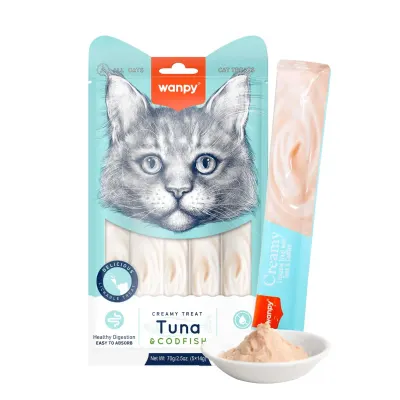 WANPY Creamy Treat, Ton și Cod, punguță recompense pisici, (piure), 70g