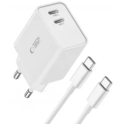 Incarcator Retea Cu Cablu USB-C Tech-Protect C35W, 35W, 3A, 2 x USB-C, Alb