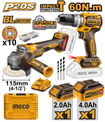 Masina de gaurit + Polizor unghiular flex cu 2 acumulator 2/4AH si incarcator bormasina P20S Ingco CKLI20273E